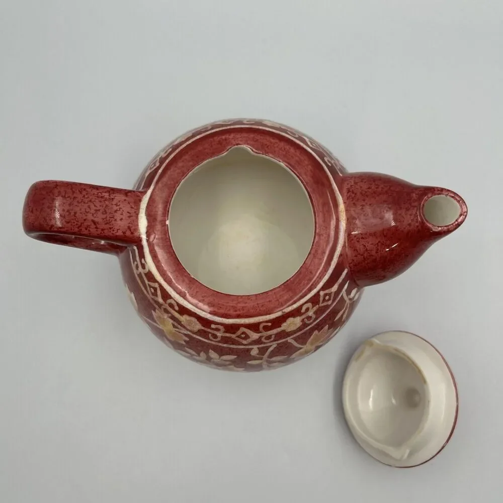 Vintage Red Glaze Etched Floral Ceramic Teapot Gold Accent Crackle Interior